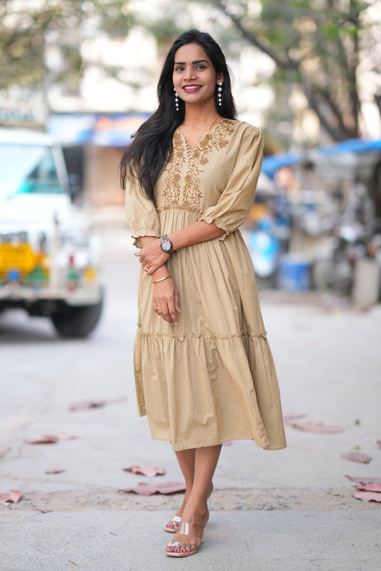 Biege Color Jaipur Cotton Frock With Embriodary Work