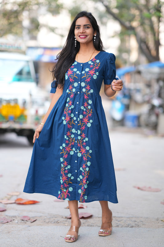 Navy Blue Color Jaipur Cotton Designer Wear Frock With Embriodary Work