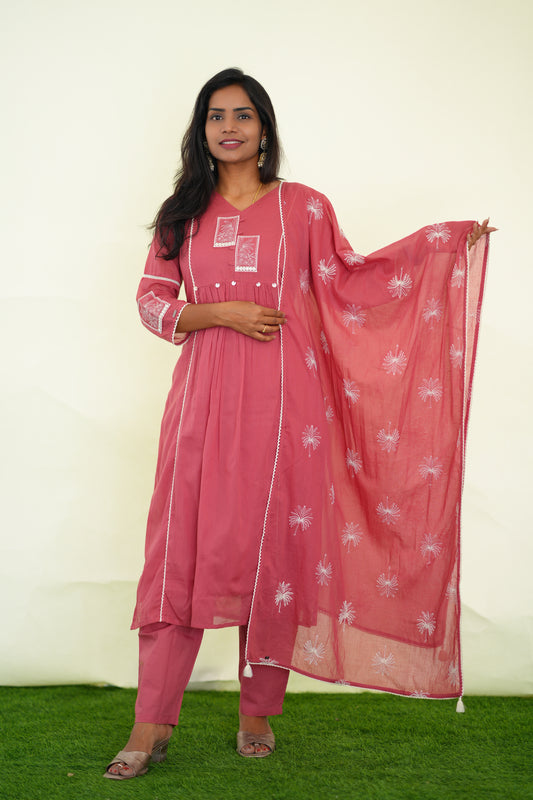 Pink Viscose Fabric Party Wear 3 Piece set With Lining and Embroidery work