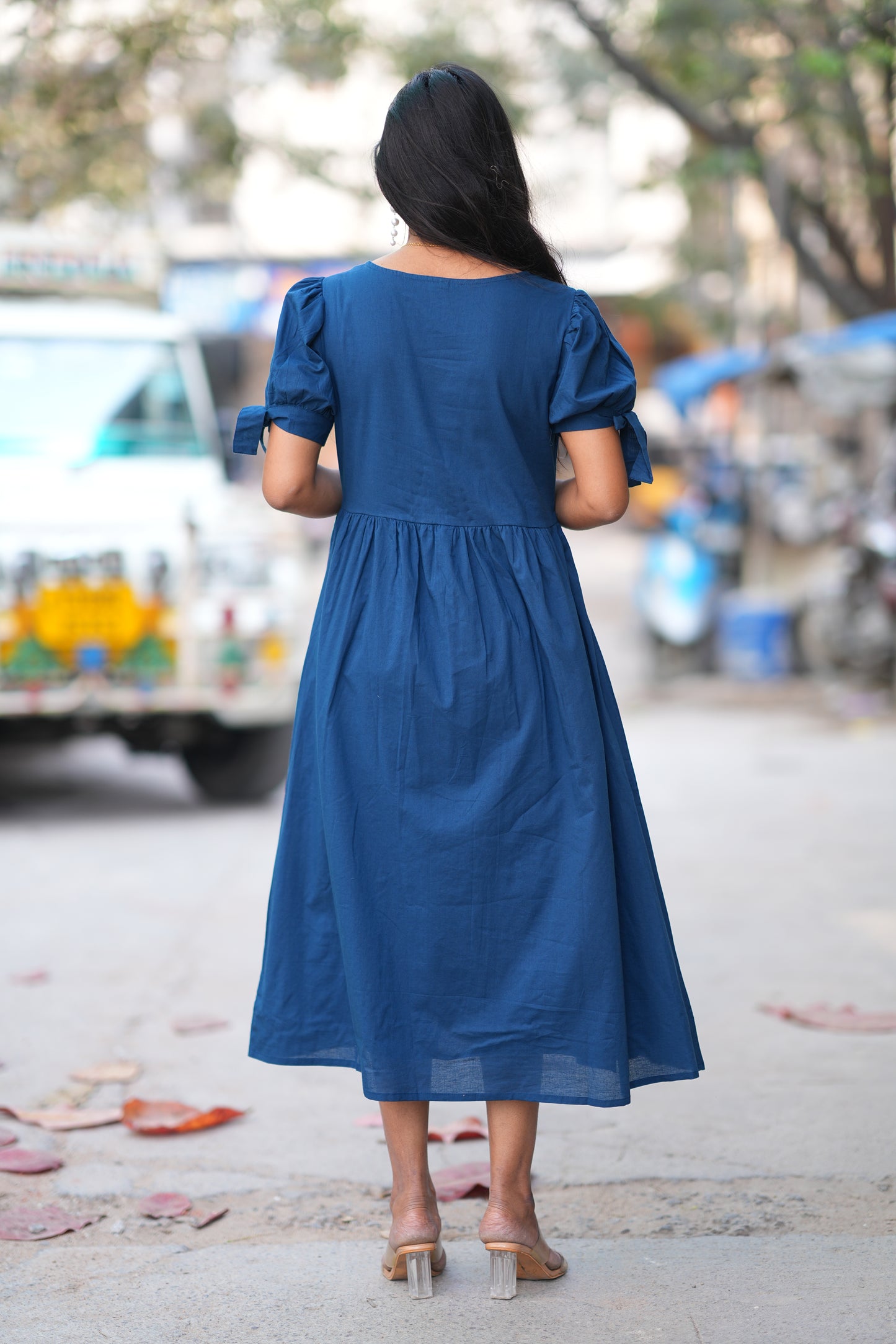 Navy Blue Color Jaipur Cotton Designer Wear Frock With Embriodary Work