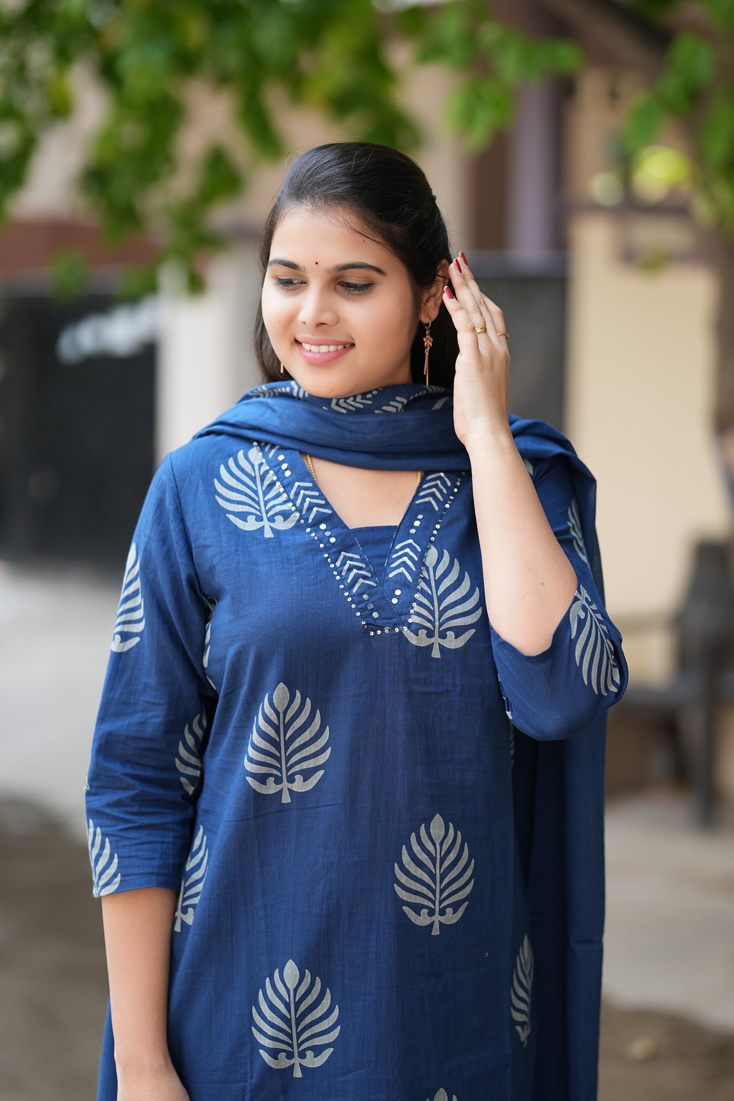 Blue Color Straight Cut V Neck Cotton 3 Piece Set