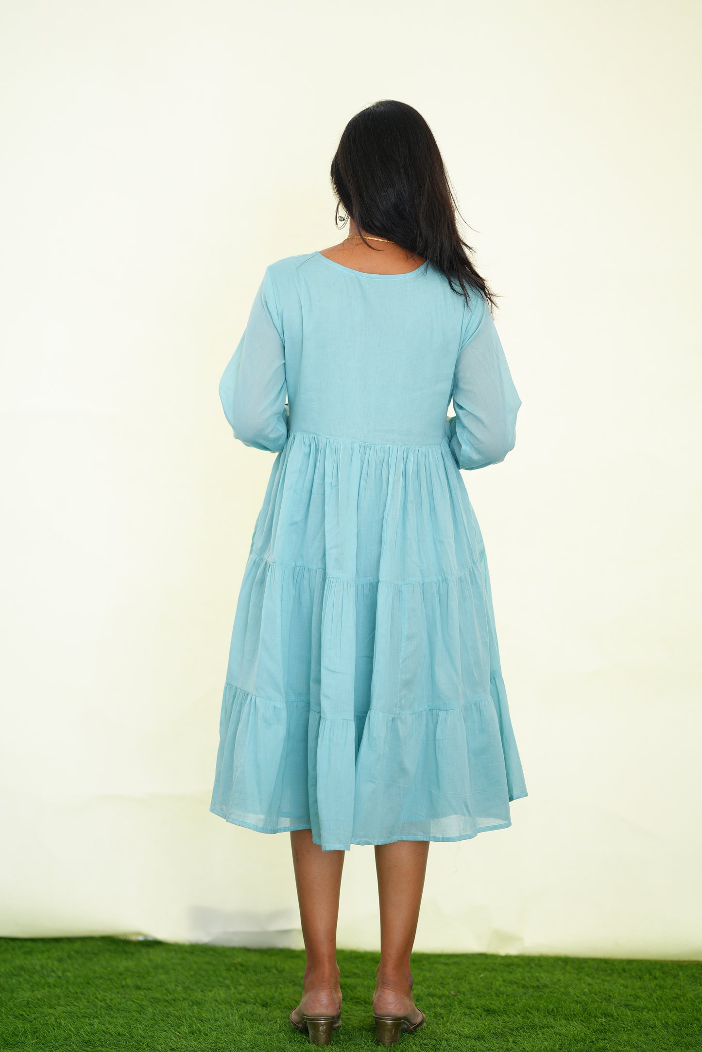 Sky Blue Mul Cotton Frock With Embroidery work and Complete Lining