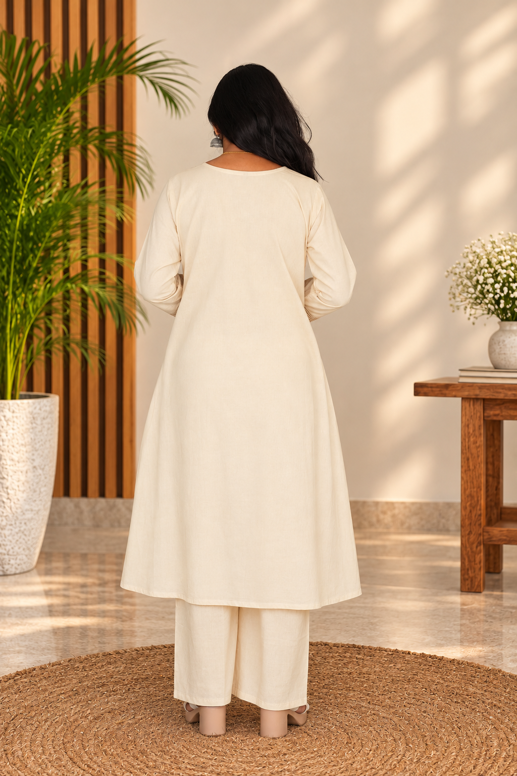 Ivory Cream Floral Embroidered 2-Piece Kurta Set