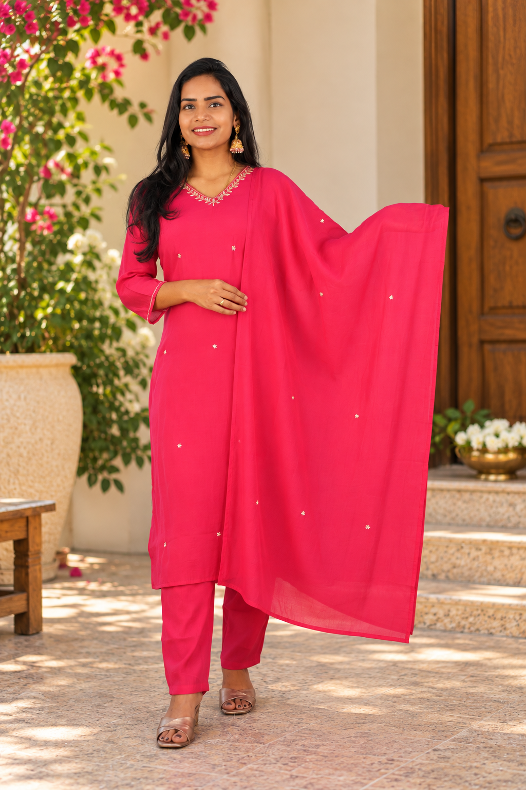 Pink Mul Chanderi Festive 3-Piece Set with Lining