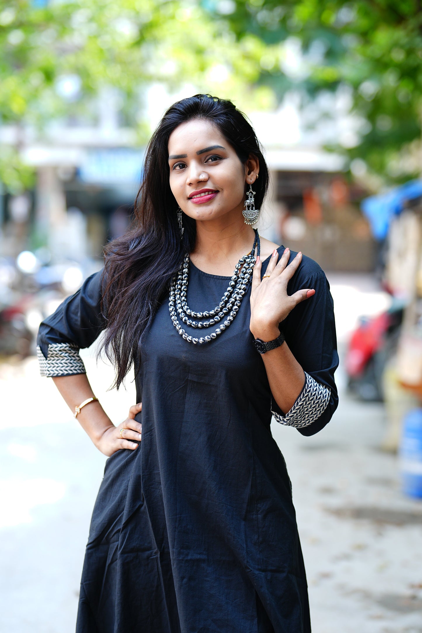 Black Color Jaipur Cotton Cord Set With Designer Necklace