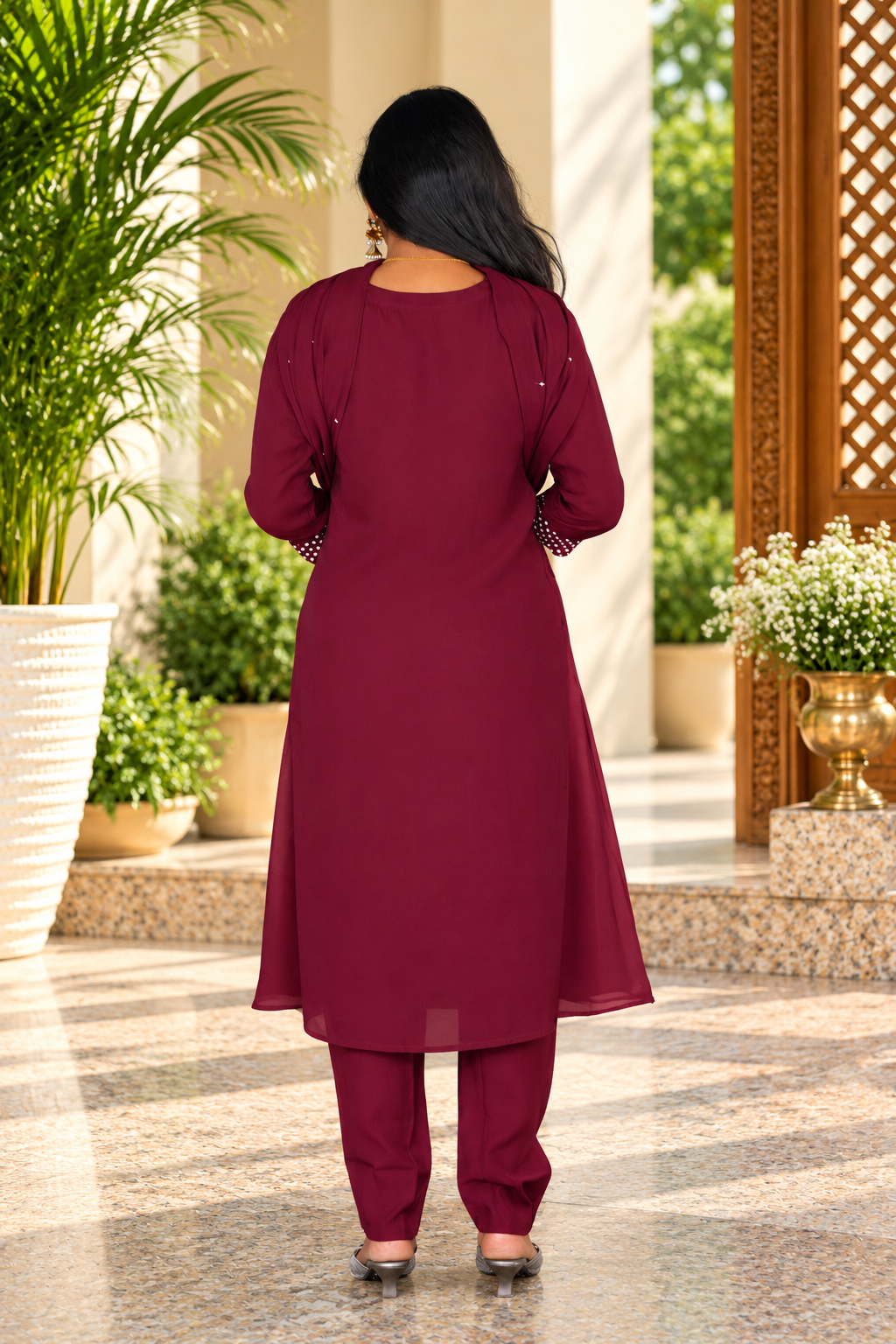 Deep Burgundy Mul Chanderi Embroidered 3-Piece Set with Lining