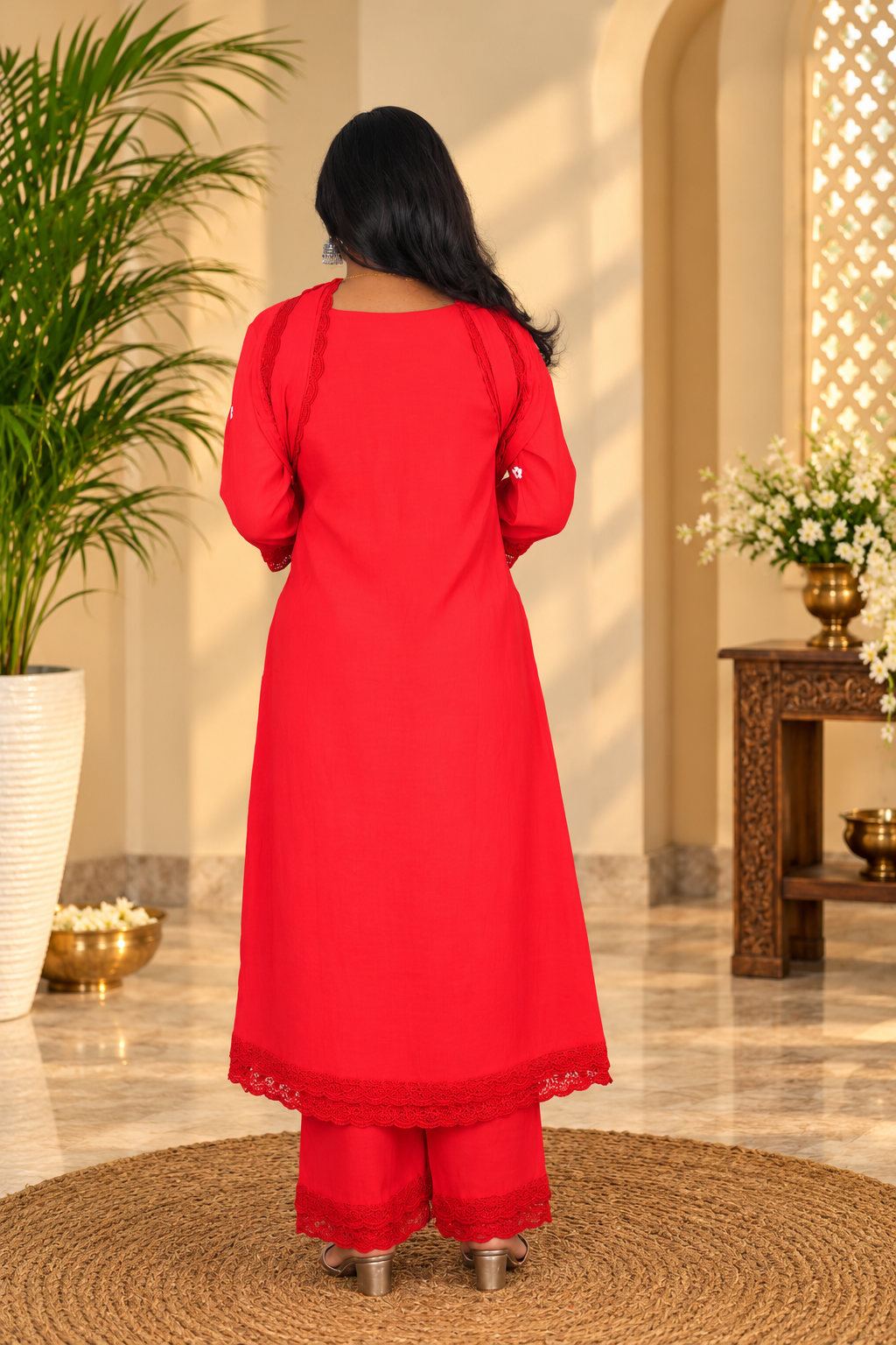 Red Color Mul chanderi Festive Wear 3 Piece Set With Lining