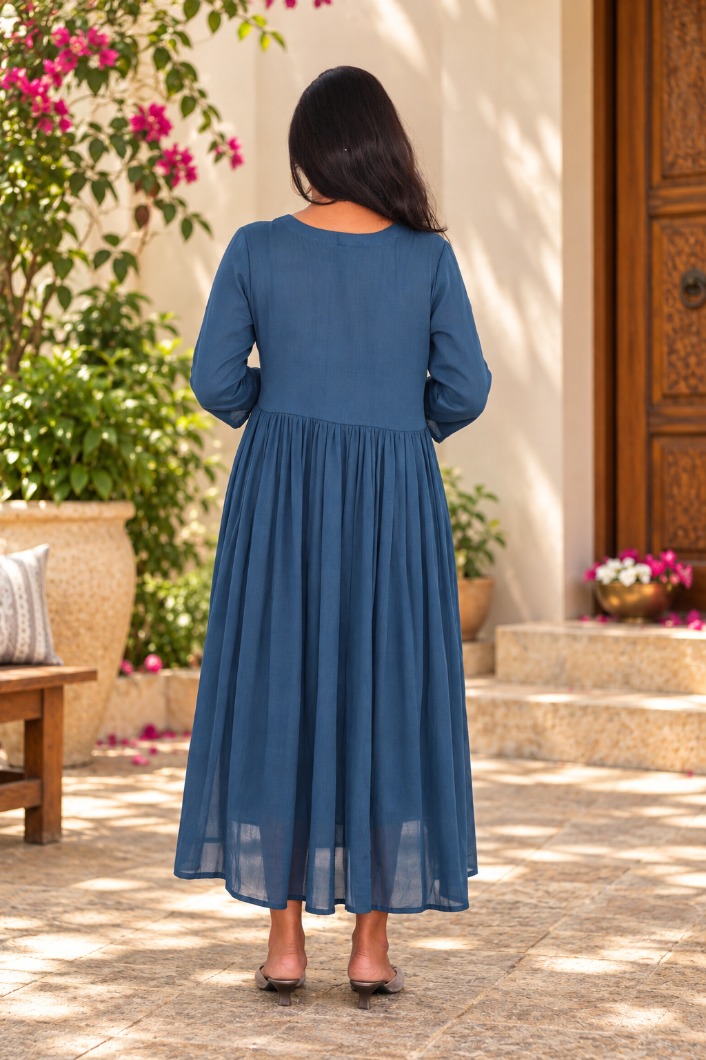 Blue Color Mul Cotton Embroidered Midi Frock with Full Lining