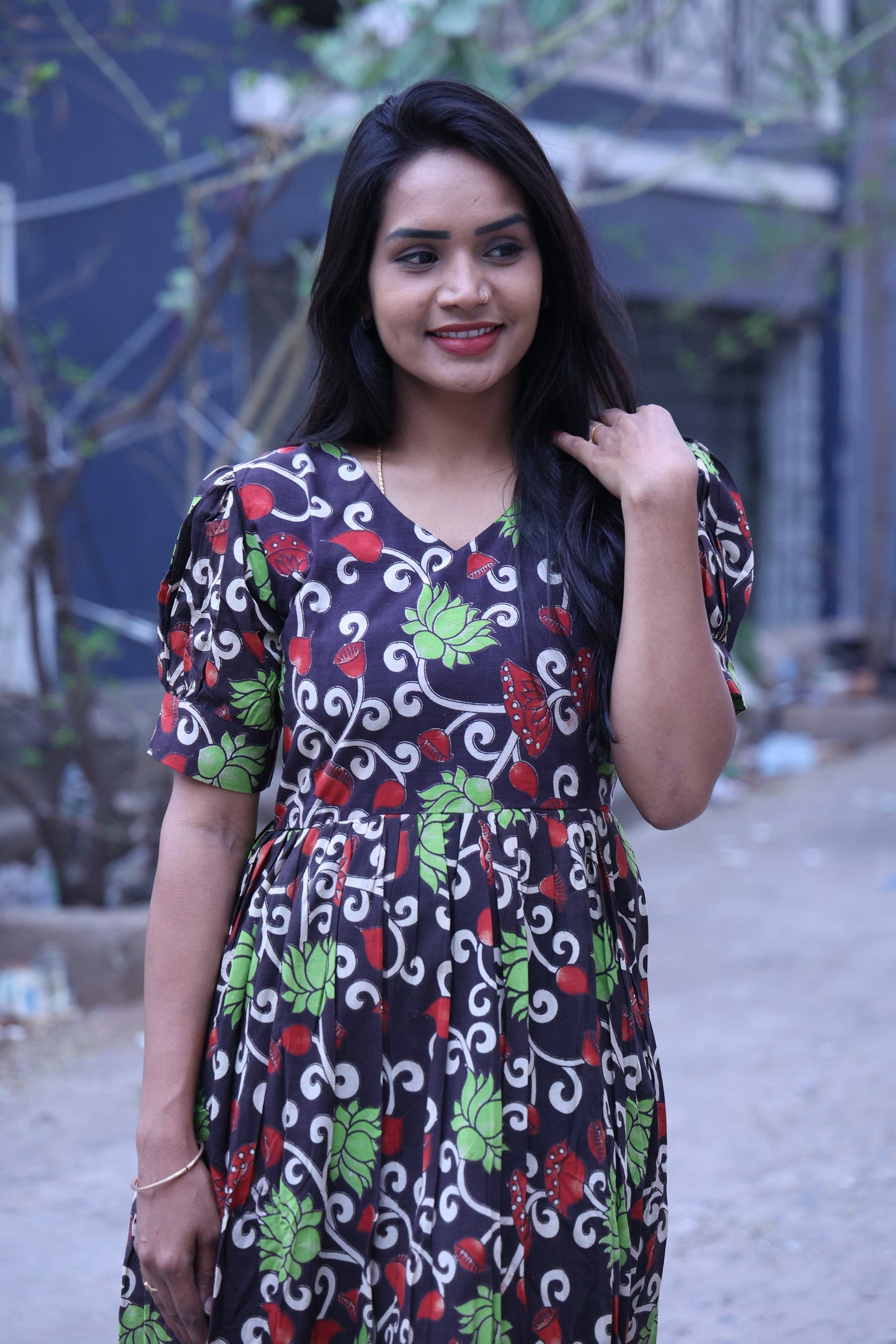 Black Cotton Kalamkari Multi Color Floral Print Frock With Full Lining