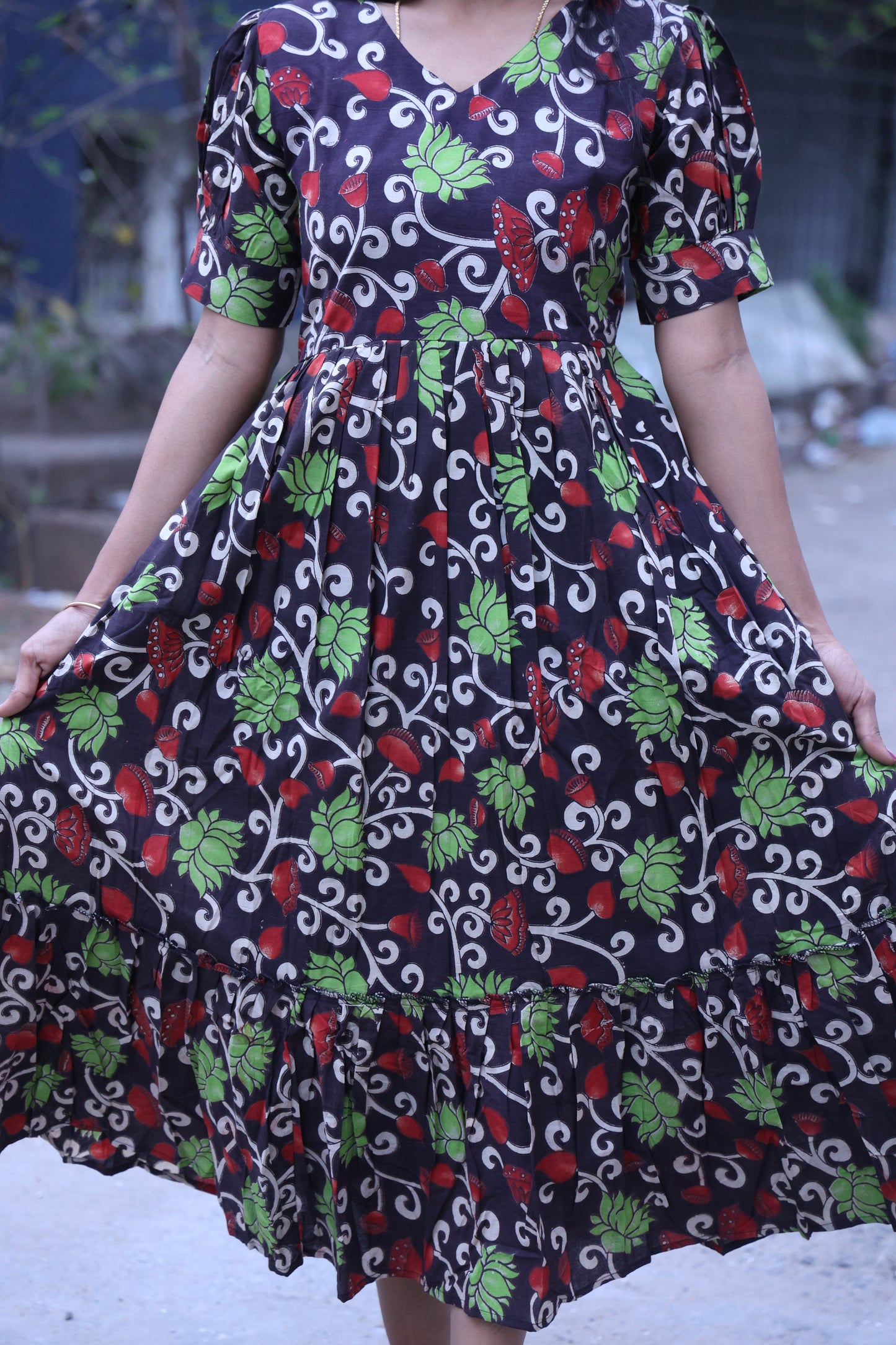 Black Cotton Kalamkari Multi Color Floral Print Frock With Full Lining