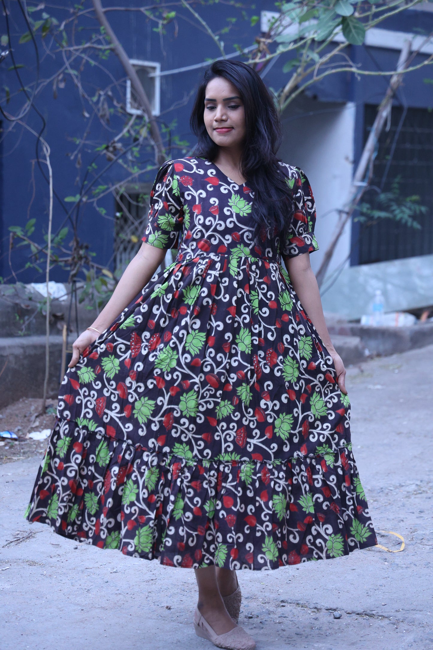 Black Cotton Kalamkari Multi Color Floral Print Frock With Full Lining