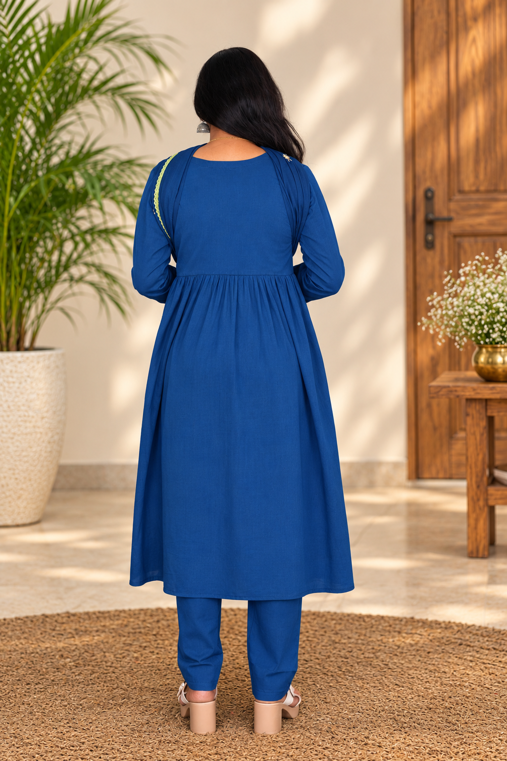 Royal Blue Mul Cotton Floral Embroidered 3-Piece Set with Dupatta and Lining