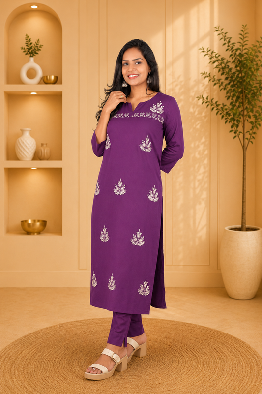 Purple Color Jaipur Cotton Cord Set With Embroidery Work and Complete Lining