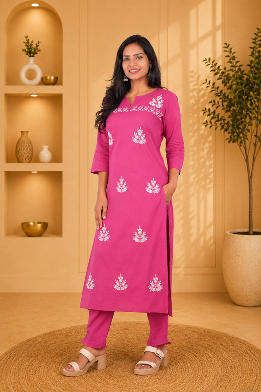 Pink Color Jaipur Cotton Cord Set With Embroidery Work and Complete Lining