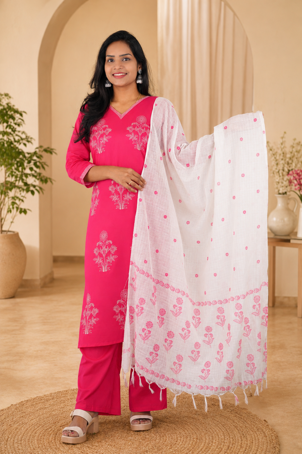 Pink Color Jaipur Cotton 3 Piece Set With Embroidery and Complete Lining and kota Dupatta
