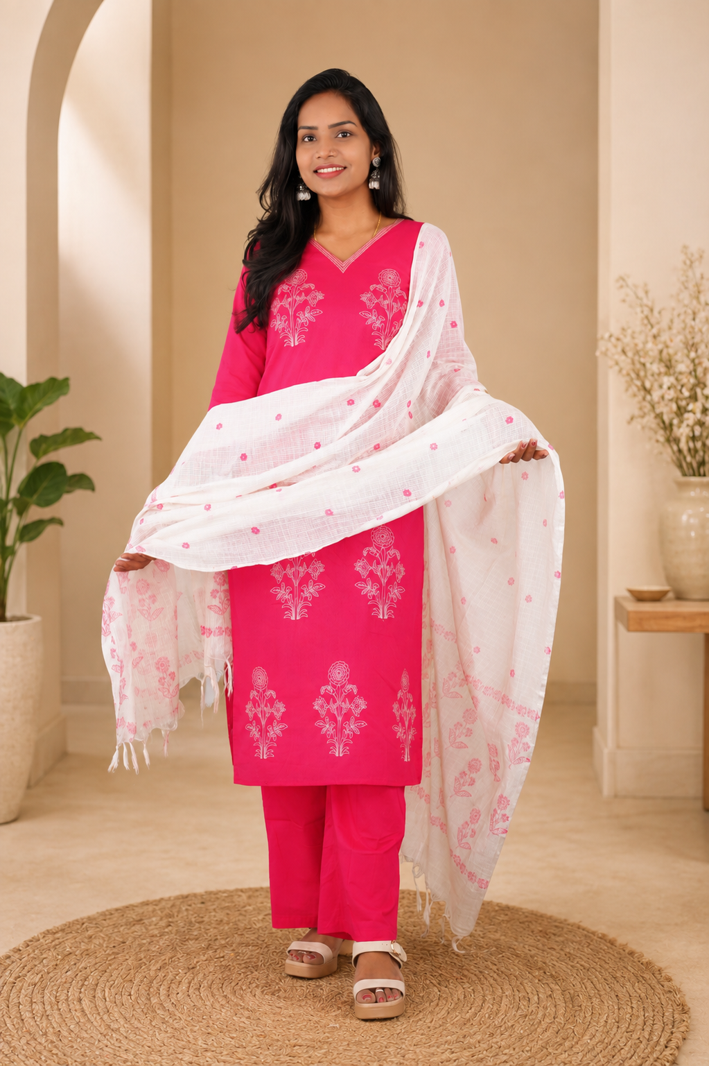 Pink Color Jaipur Cotton 3 Piece Set With Embroidery and Complete Lining and kota Dupatta