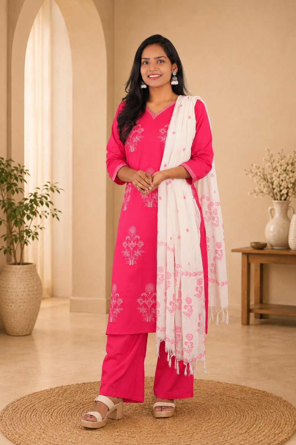 Pink Color Jaipur Cotton 3 Piece Set With Embroidery and Complete Lining and kota Dupatta