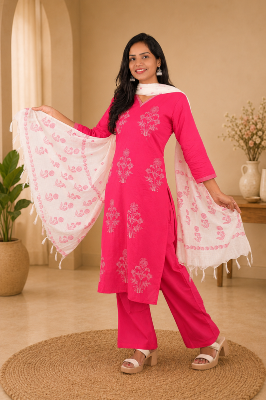 Pink Color Jaipur Cotton 3 Piece Set With Embroidery and Complete Lining and kota Dupatta