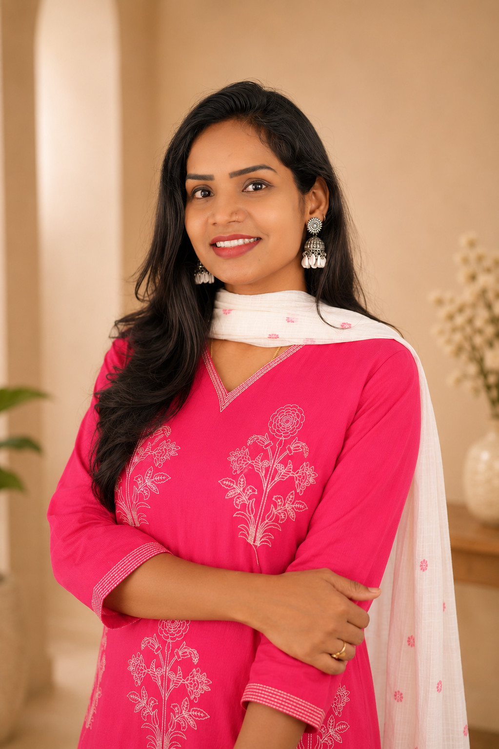 Pink Color Jaipur Cotton 3 Piece Set With Embroidery and Complete Lining and kota Dupatta
