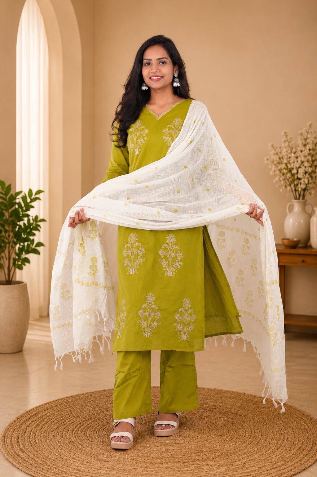 Jaipur Cotton 3 Piece Set With Embroidery and Lining and kota Dupatta