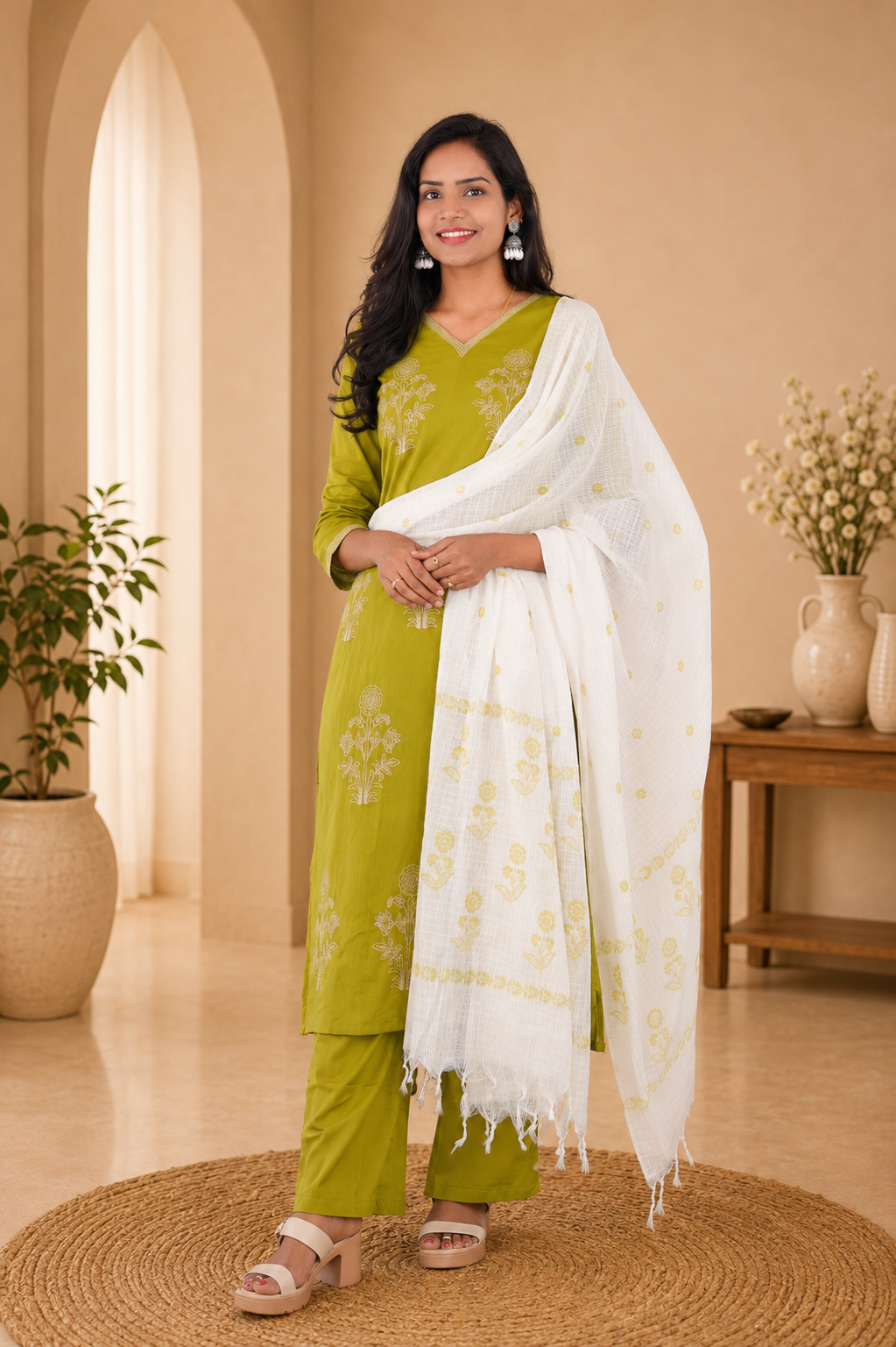 Jaipur Cotton 3 Piece Set With Embroidery and Lining and kota Dupatta