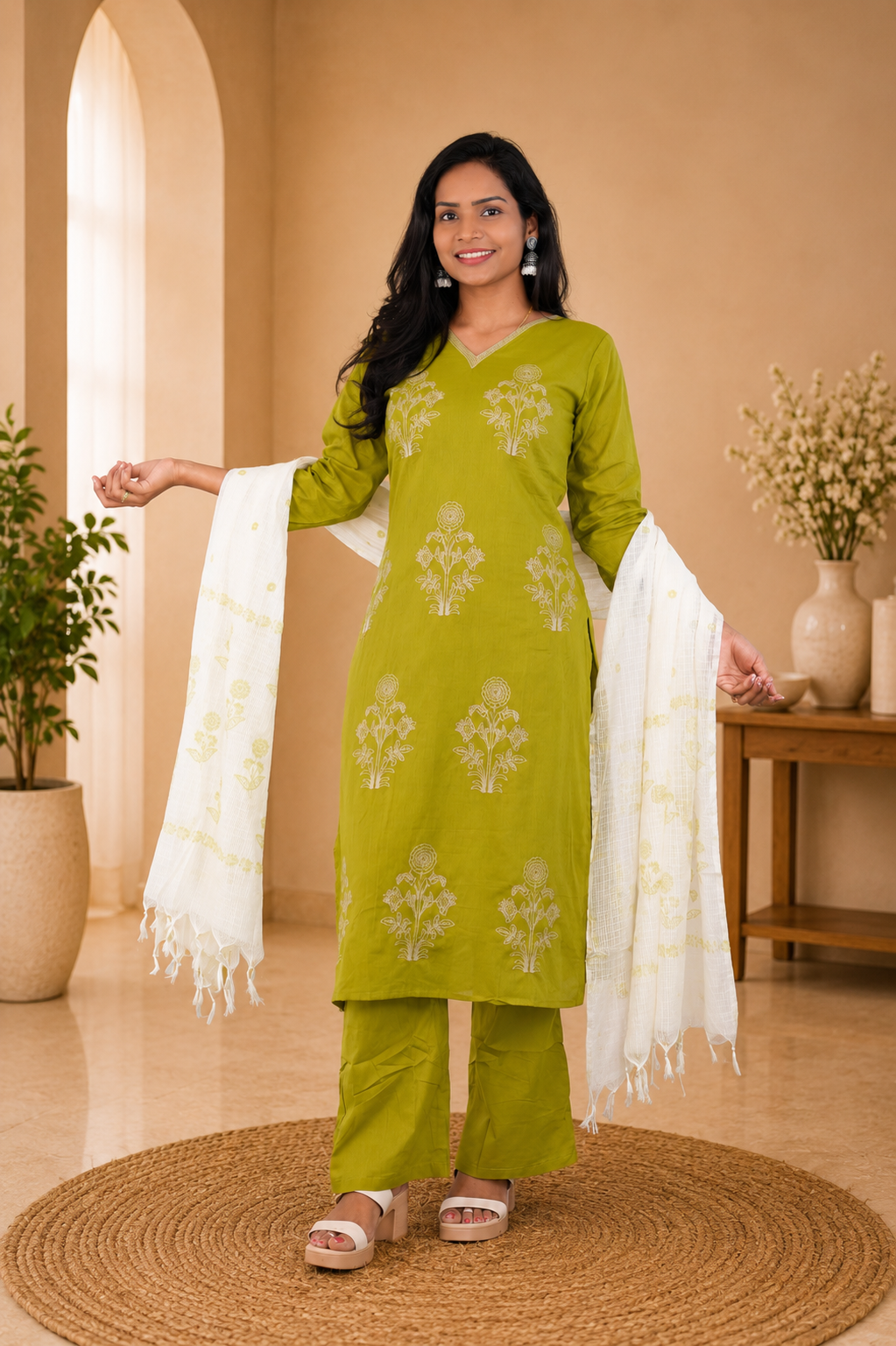 Jaipur Cotton 3 Piece Set With Embroidery and Lining and kota Dupatta