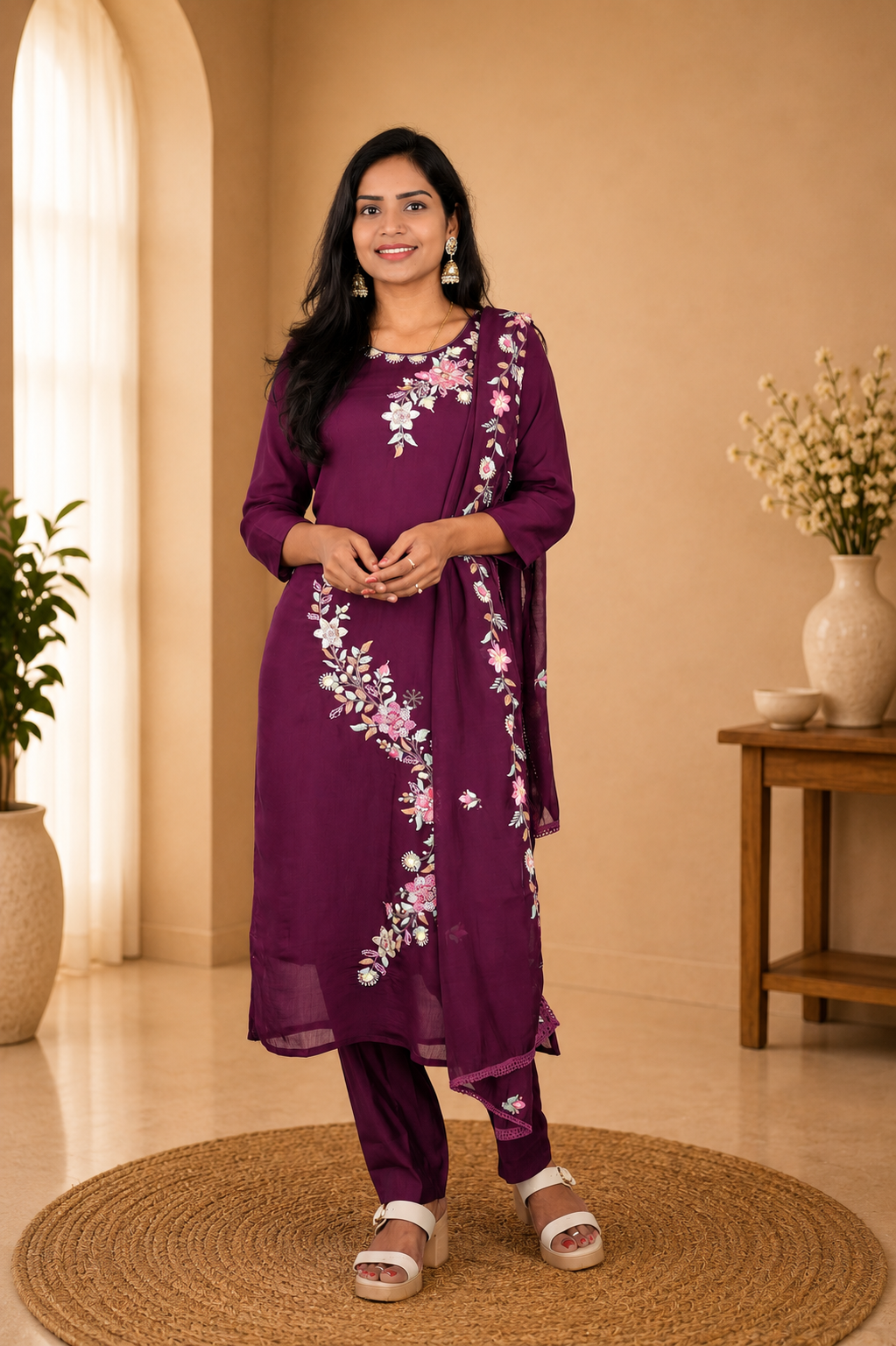 Plum Purple Color Mul Chanderi Party Wear 3 Piece set With Complete Lining