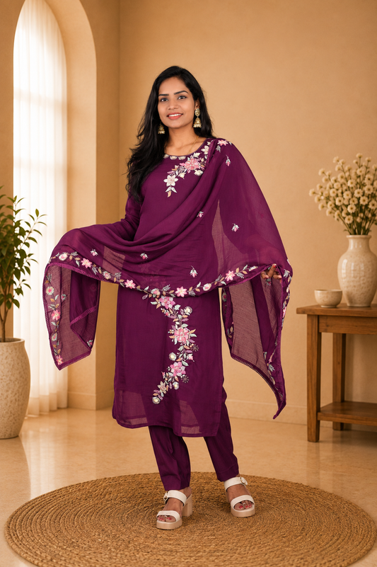 Plum Purple Color Mul Chanderi Party Wear 3 Piece set With Complete Lining