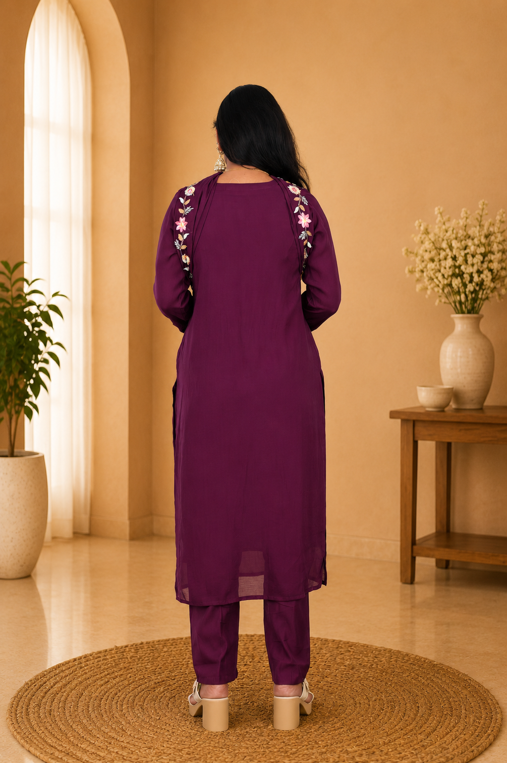 Plum Purple Color Mul Chanderi Party Wear 3 Piece set With Complete Lining