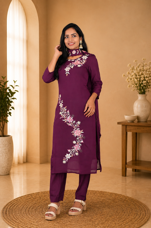 Plum Purple Color Mul Chanderi Party Wear 3 Piece set With Complete Lining