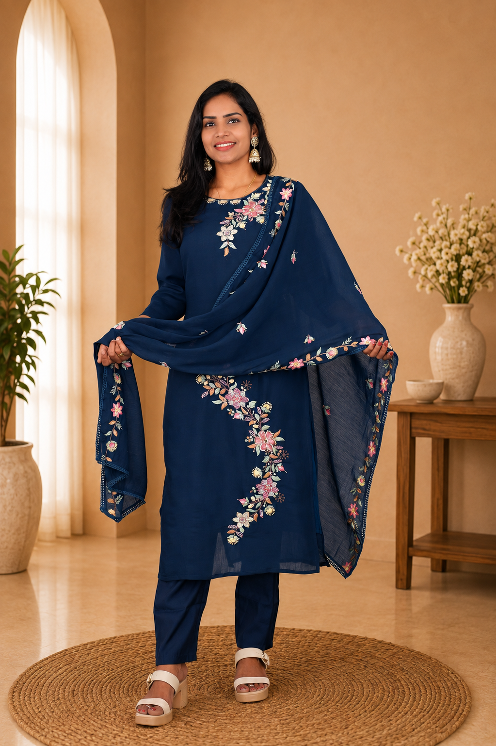 Blue Color Mul Chanderi Party Wear 3 Piece set With Complete Lining
