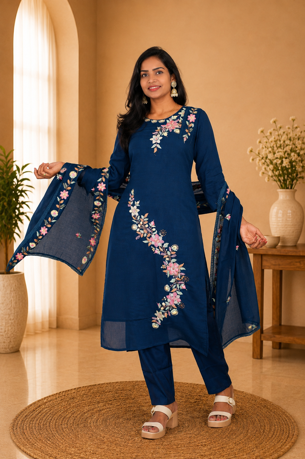 Blue Color Mul Chanderi Party Wear 3 Piece set With Complete Lining