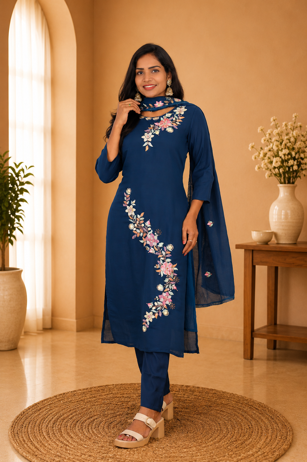 Blue Color Mul Chanderi Party Wear 3 Piece set With Complete Lining