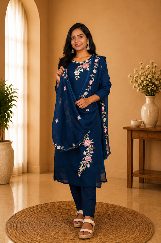 Blue Color Mul Chanderi Party Wear 3 Piece set With Complete Lining