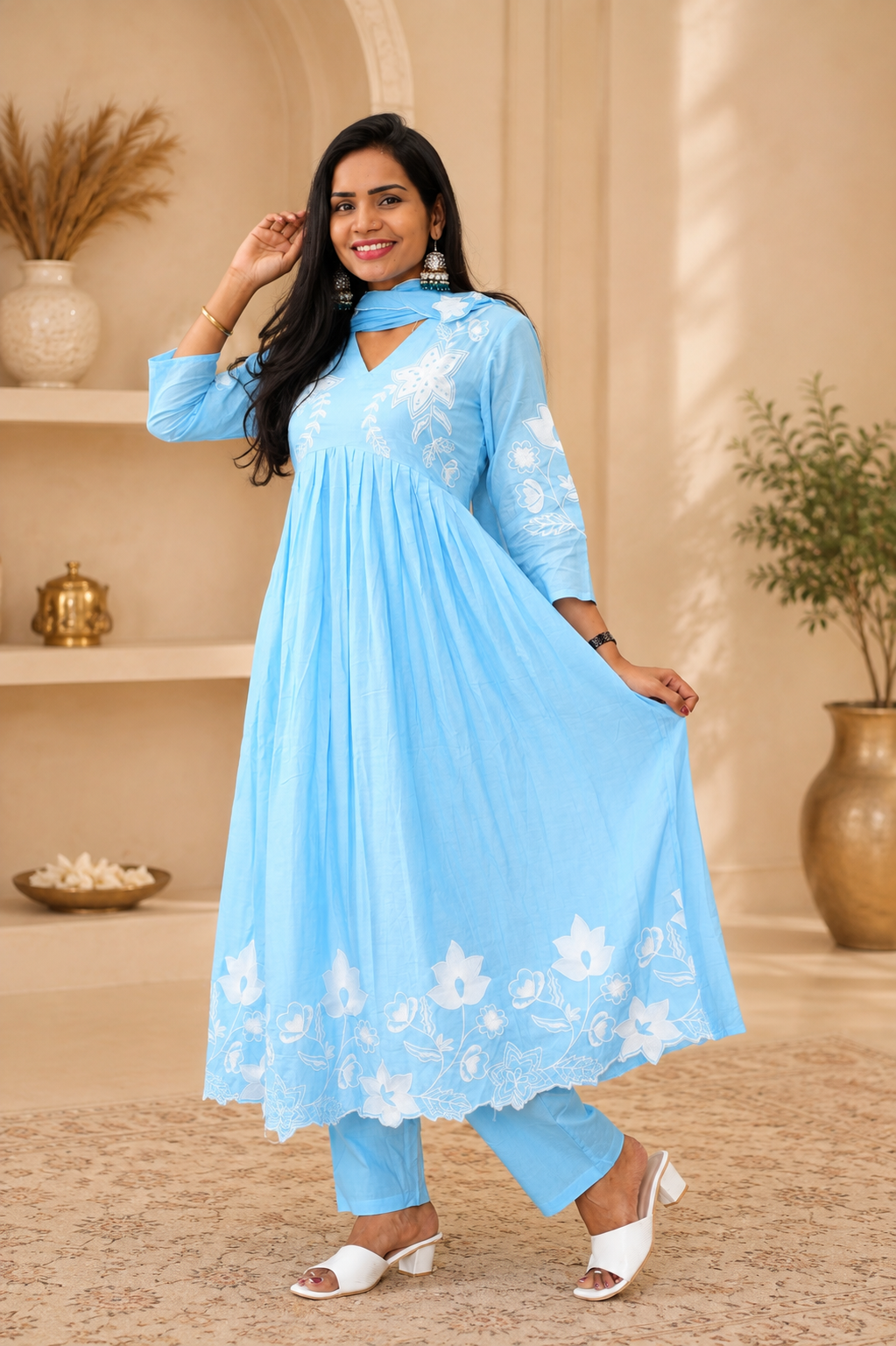 Powder Blue Color Mul cotton 3 Piece Set With Embroidery and Complete Lining