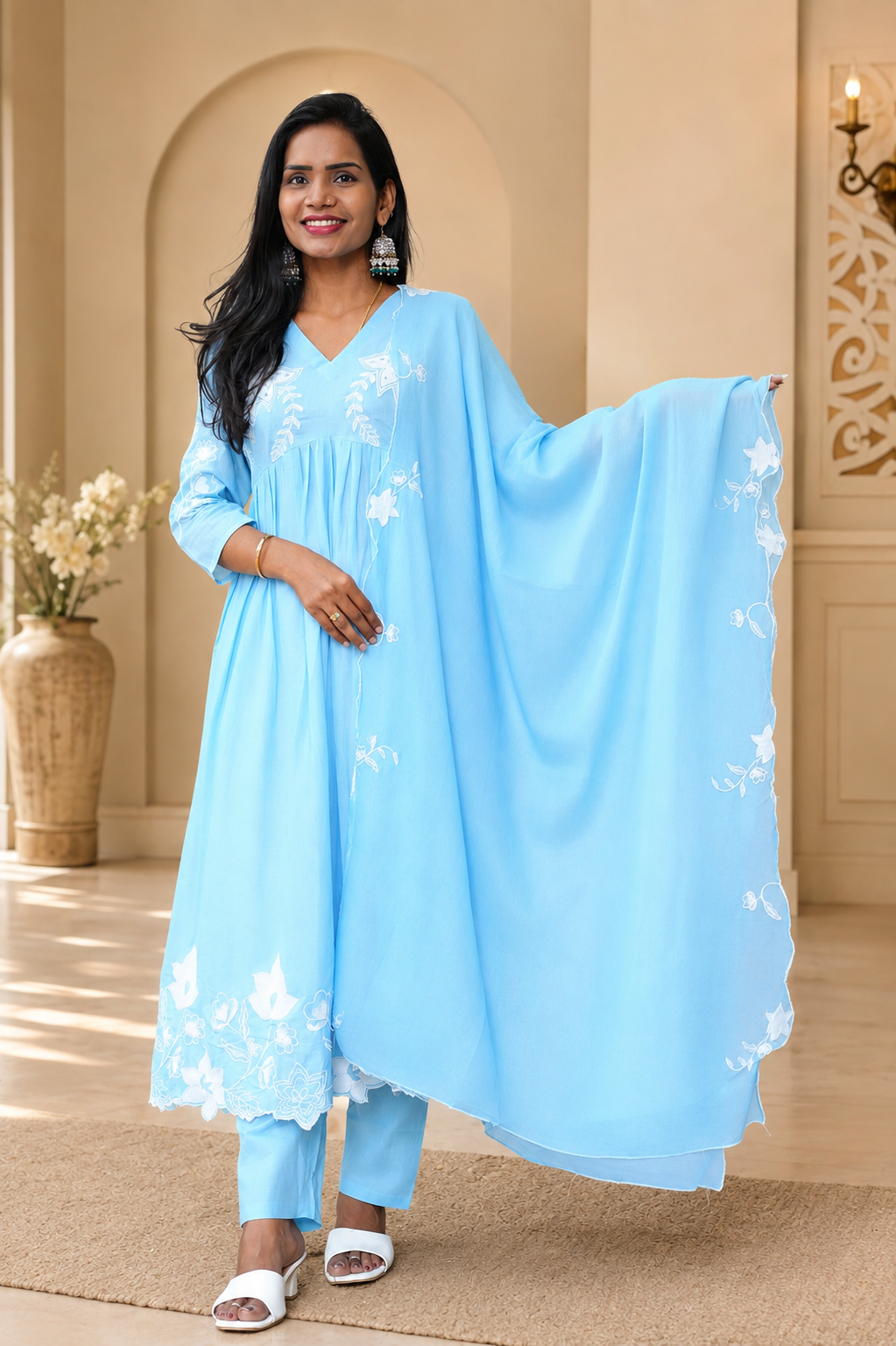 Powder Blue Color Mul cotton 3 Piece Set With Embroidery and Complete Lining