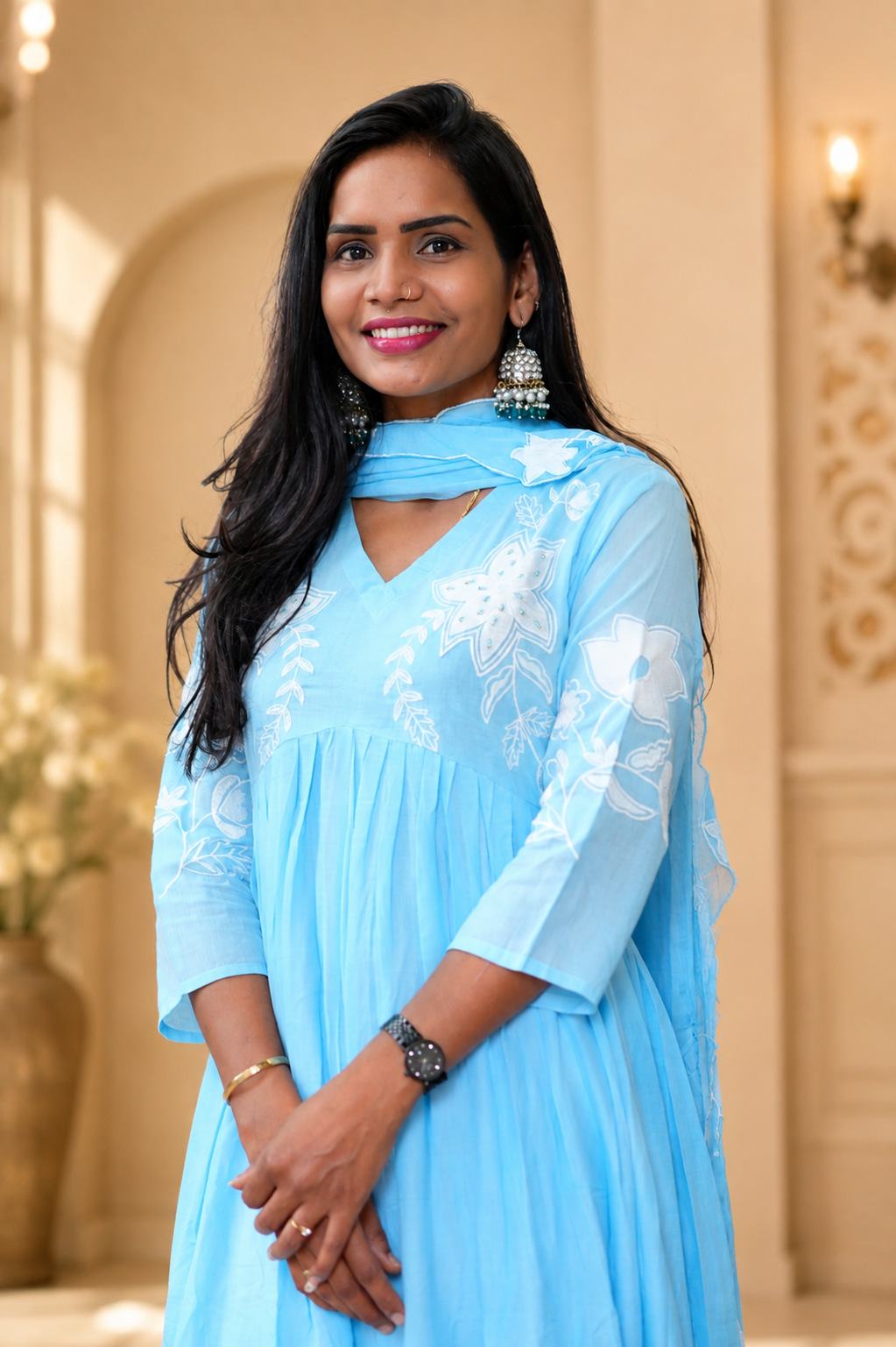 Powder Blue Color Mul cotton 3 Piece Set With Embroidery and Complete Lining