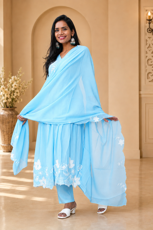 Powder Blue Color Mul cotton 3 Piece Set With Embroidery and Complete Lining