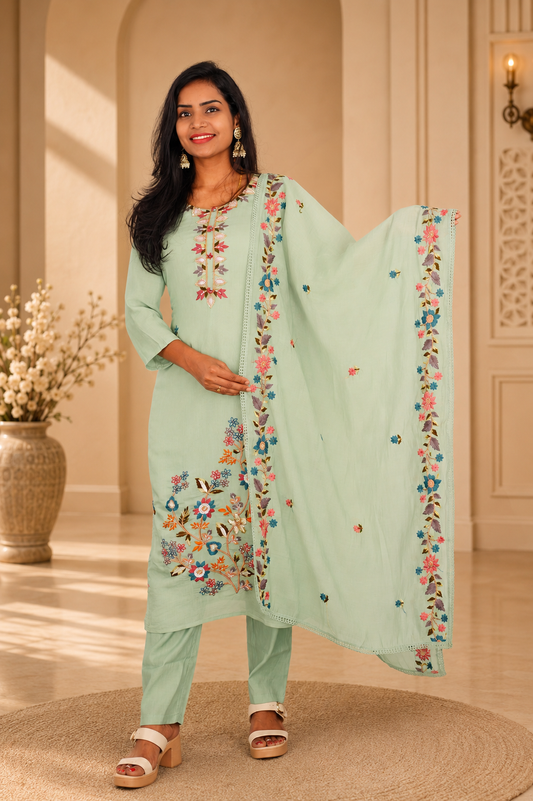 Sage Green Color Mul Chanderi Party Wear 3 Piece set With Complete Lining
