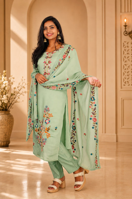 Sage Green Color Mul Chanderi Party Wear 3 Piece set With Complete Lining