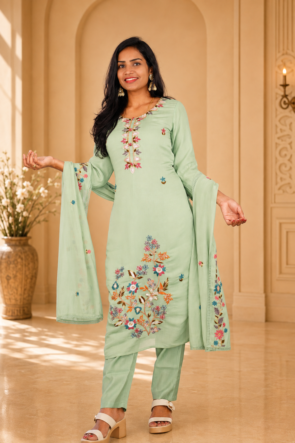 Sage Green Color Mul Chanderi Party Wear 3 Piece set With Complete Lining
