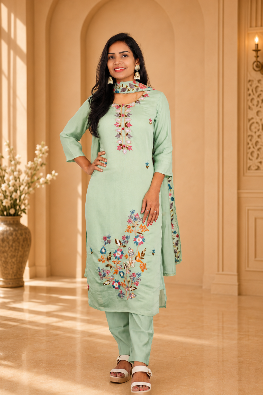 Sage Green Color Mul Chanderi Party Wear 3 Piece set With Complete Lining