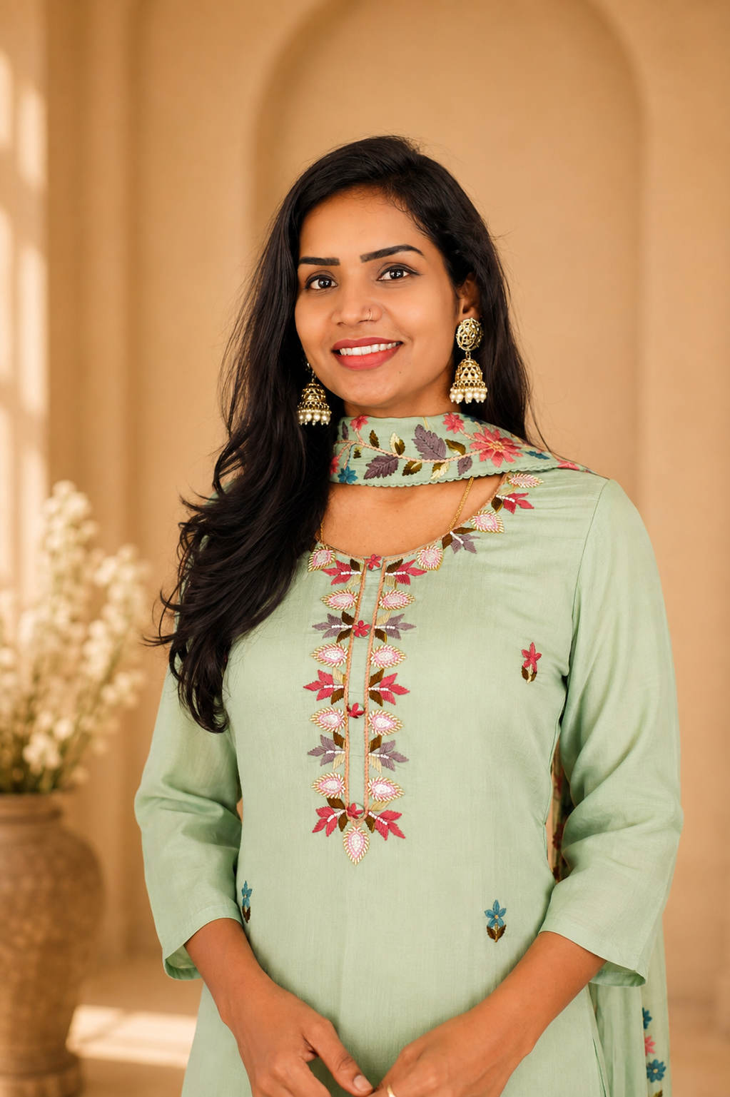 Sage Green Color Mul Chanderi Party Wear 3 Piece set With Complete Lining