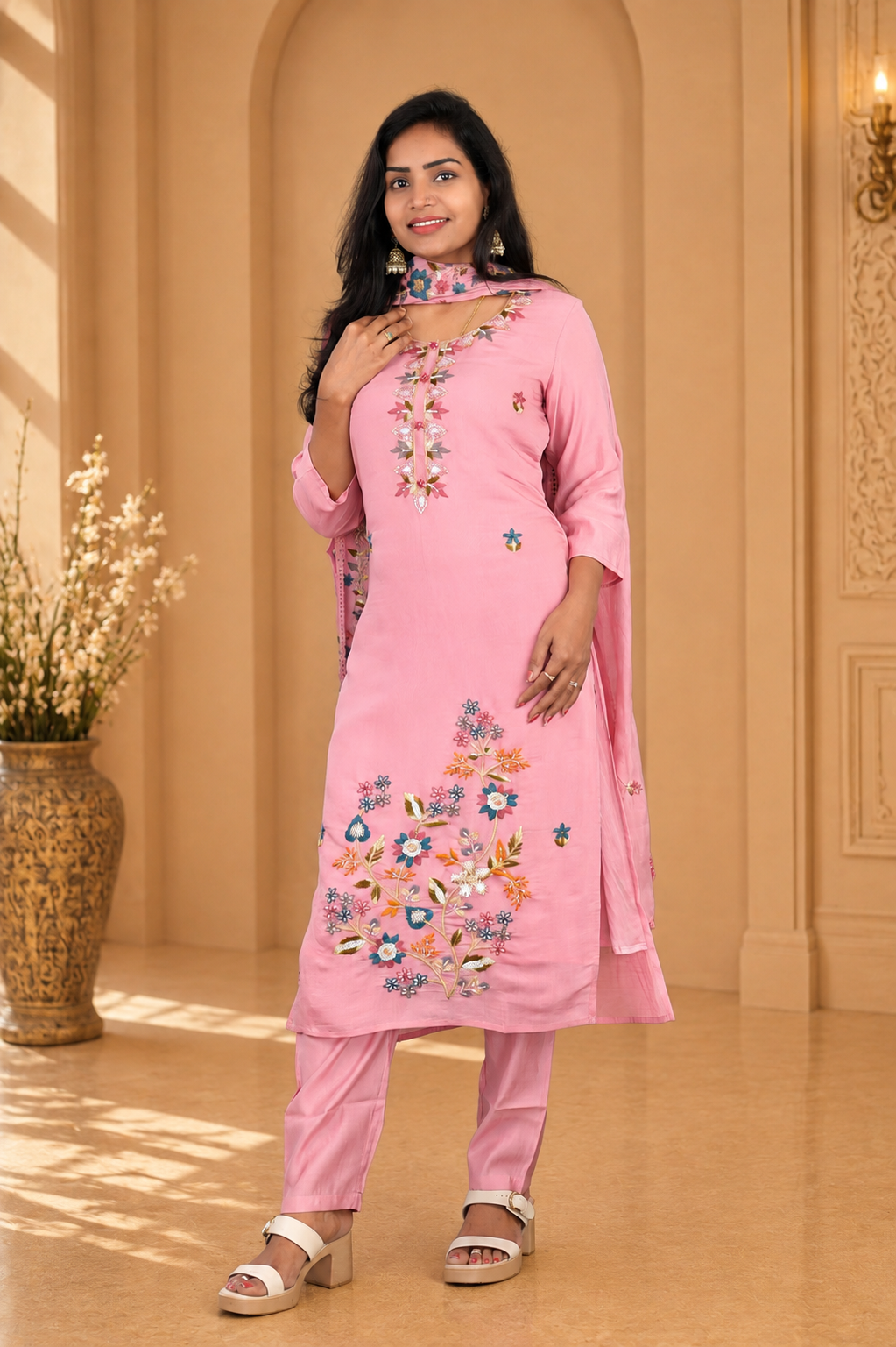 Baby Pink Color Mul Chandheri Party Wear 3 Piece set With Complete Lining
