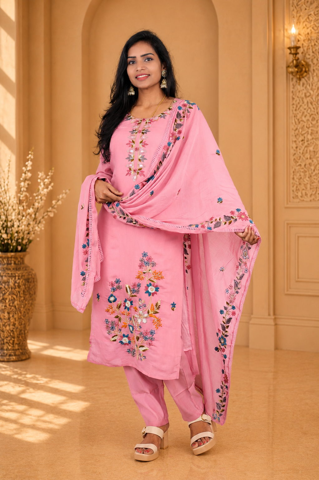 Baby Pink Color Mul Chandheri Party Wear 3 Piece set With Complete Lining