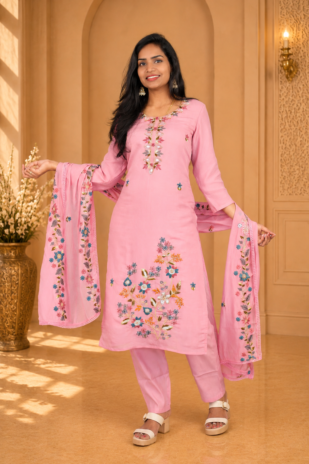 Baby Pink Color Mul Chandheri Party Wear 3 Piece set With Complete Lining