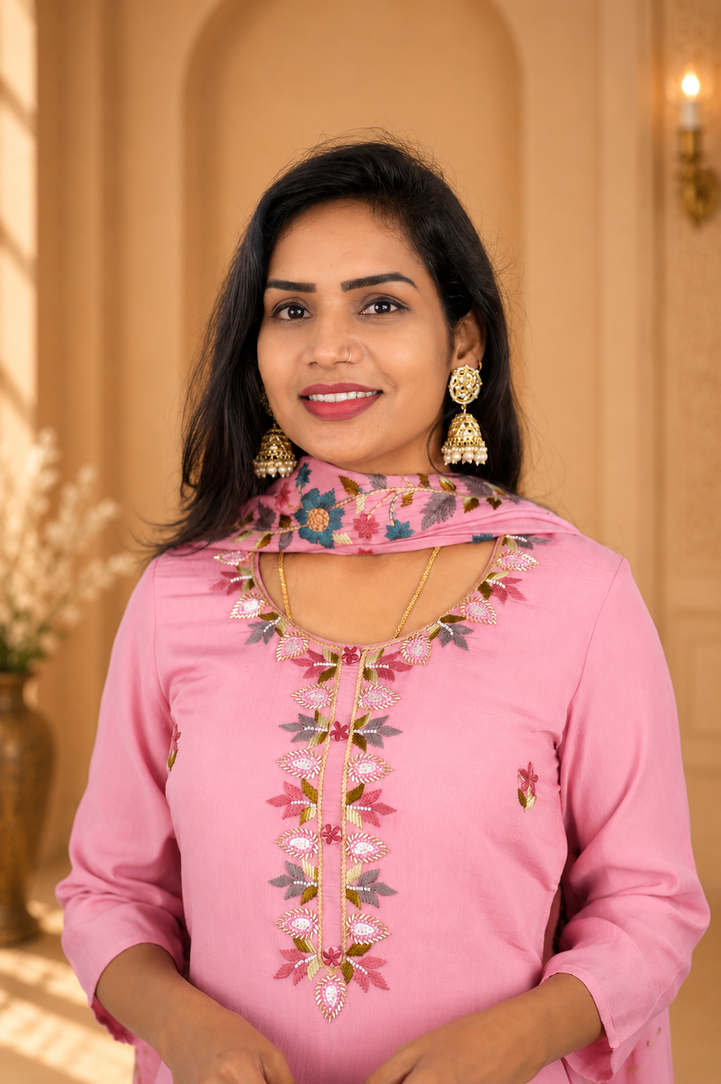 Baby Pink Color Mul Chandheri Party Wear 3 Piece set With Complete Lining