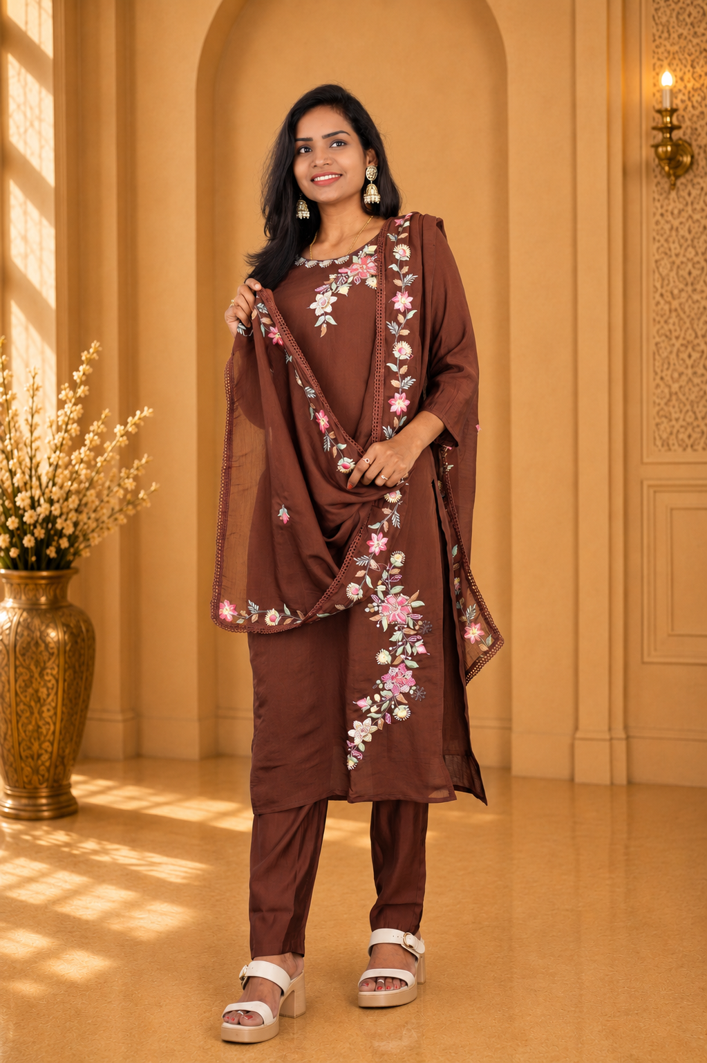 Brown Color Mul Chanderi Party Wear 3 Piece set With Complete Lining