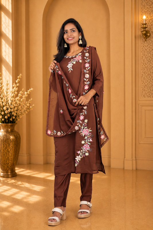 Brown Color Mul Chanderi Party Wear 3 Piece set With Complete Lining