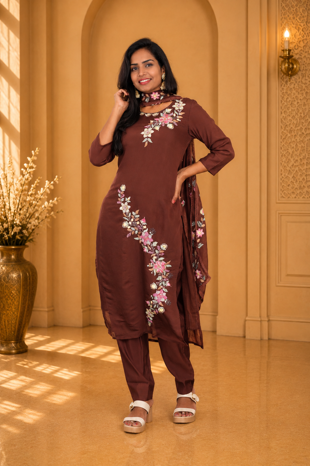 Brown Color Mul Chanderi Party Wear 3 Piece set With Complete Lining